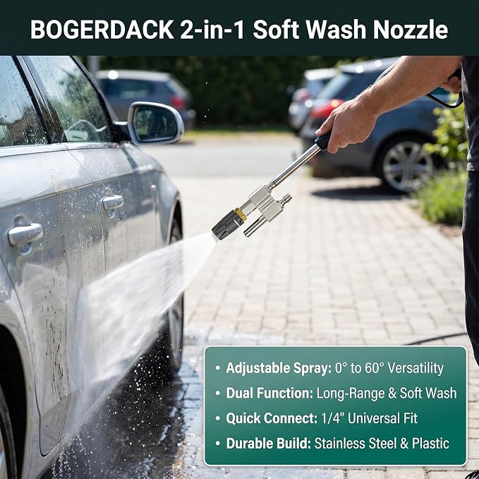 Stainless Steel 2-in-1 Downstream Soft Wash Nozzle, M5 Twist Shooter Tip with 1/4" Quick Connect, 0° to 60° Adjustable Spray Pattern for Pressure Washer 3-7 GPM – for Roofs, Siding, Vehicles