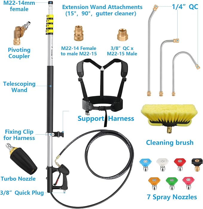24 FT Telescoping Pressure Washer Wand Extension, Aluminum Power Washer Extension Wand with Brush Head, 7 Nozzle Tips, 3 Adapters & Support Harness, Gutter Cleaning Tools for 2 Story House