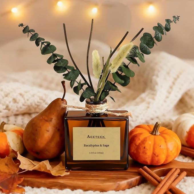 Reed Diffuser, Sage & Eucalyptus Essential Oil Diffuser for Bathroom, 3.4 oz Scented Diffusers, Long-Lasting Fragrance for Home Decor with Dried Flowers | 3.4 oz(100ml) Scented Diffusers, Long-Lasting Fragrance for Home Decor with Dried Flowers