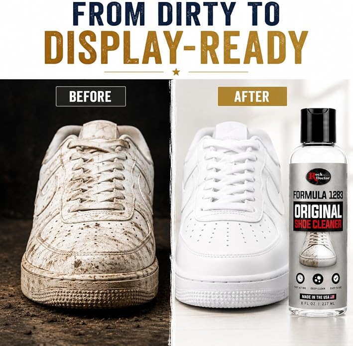 Rock Doctor Shoe Cleaner Solution with Brush, Sneaker Cleaner & Suede Shoe Cleaner for Leather, Mesh, Canvas, Tennis Shoes, Boots & White Sneakers - Liquid Footwear Care Formula, 8 fl oz / 237 ml