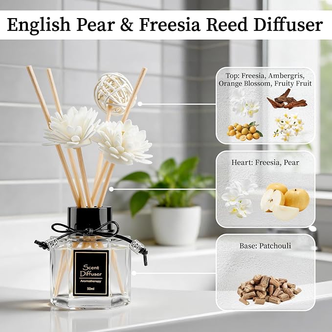 TonJin 2PCS English Pear & Freesia Reed Diffuser Set 1.7 fl oz, Fruity Floral Home Scent with 6 Scent Sticks, Natural Non-Toxic Essential Oil Sticks Air Freshener for Bathroom & Living Room