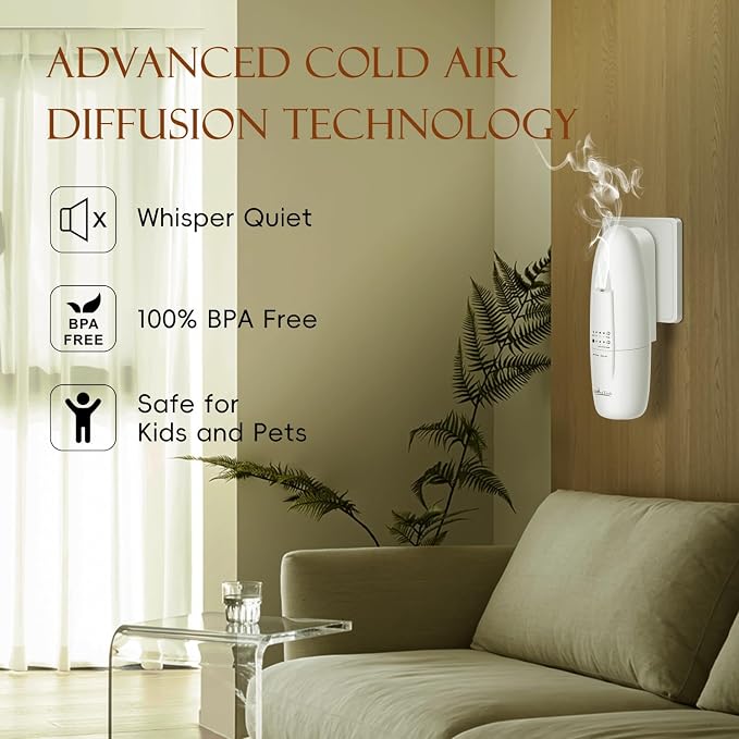 Plug in Scent Diffuser, OliveTech Waterless Essential Oil Diffuser, Cover Up to 500 Sq. Ft., Hotel Collection Diffuser, Aromatherapy Diffusers for Home, Office, 1 x 30ml Essential Oil Included