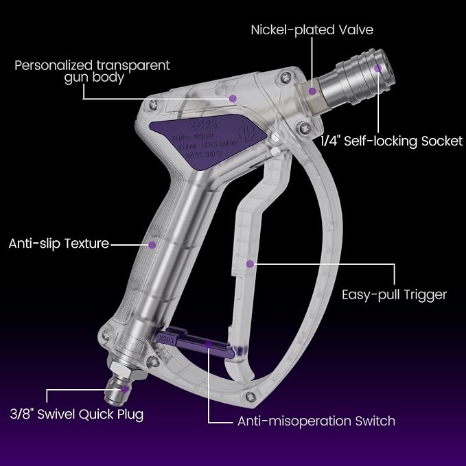 Short Pressure Washer Gun, Swivel Power Washer Gun 4060 PSI, Stubby Pressure Washer Gun with 3/8" Smooth & 1/4" Quick Connector Coupler Compatible with Hose Foam Cannon Car Wash Foam Gun