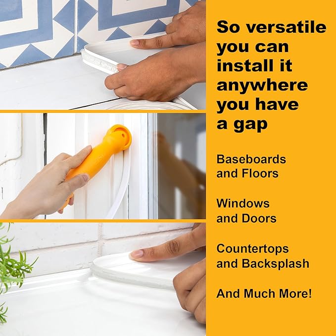 InstaTrim White New & Improved Caulk Trim, 3/4" by 10 ft, Flexible, Waterproof for Bathroom, Floors, and Walls | Easy Installation | No Mess, Stain Resistant, Made in The USA