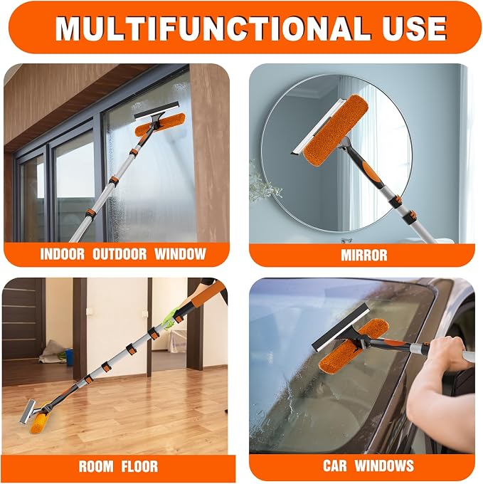 SISUPASSIE 30FT Reach 2-in-1 Window Squeegee, Professional Window Washing Kit with 5-24FT Extension Pole for Home, Indoor Outdoor Squeegee with Rotatable Head for High Windows