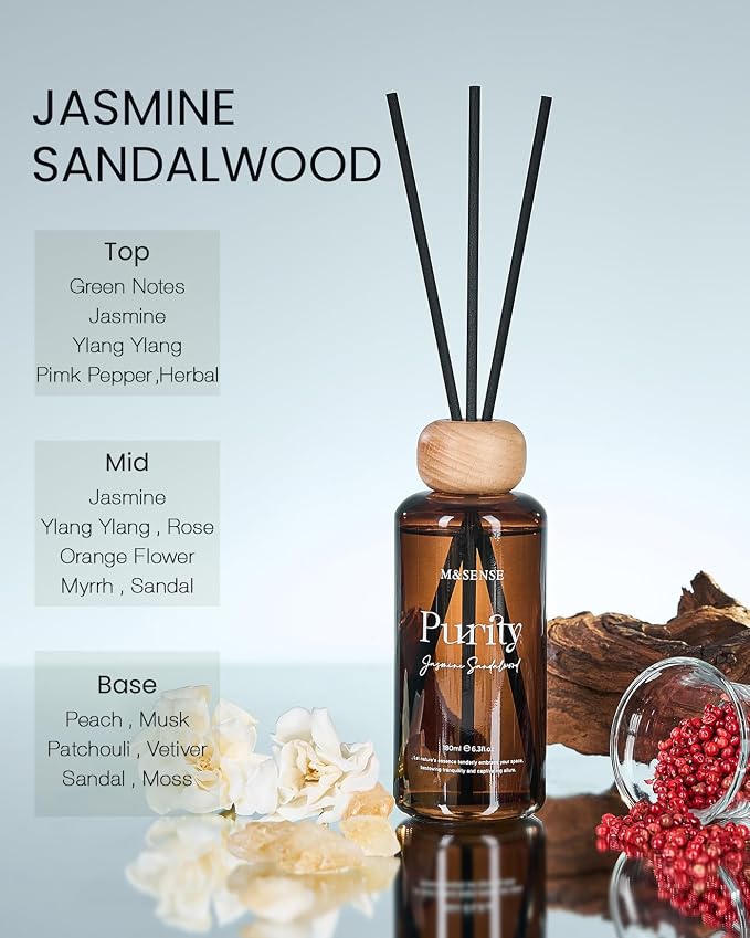M&SENSE Reed Diffuser, Jasmine Sandalwood, 6.3 oz Natural Essential Oil | Non-Toxic Organic, Long-Lasting Fragrance, Ideal for Living Room, Bedroom, Gifts for Women