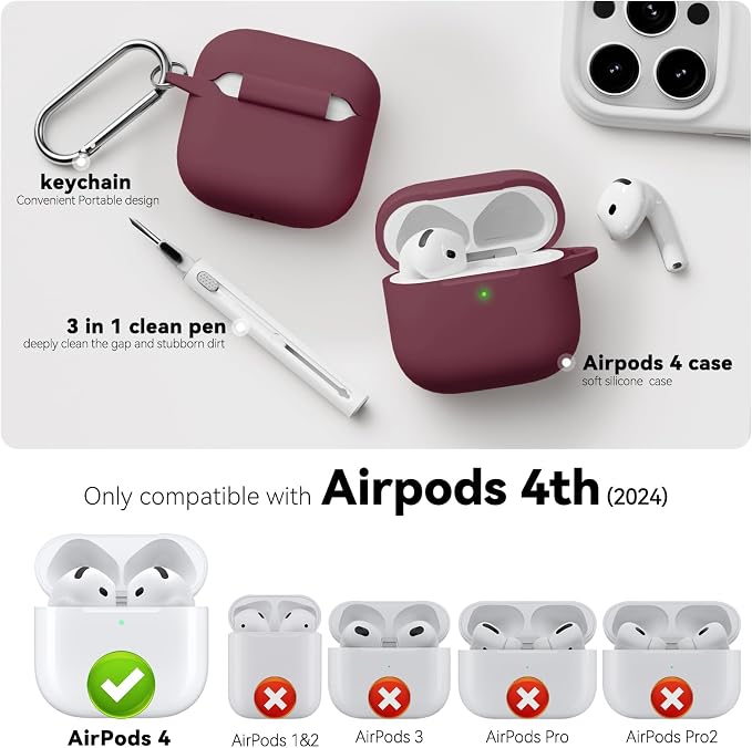 for AirPods 4 Case 2024 with Cleaner Kit & Keychain-Wine Red | Silicone Protective Cover for Apple AirPods 4th Generation Case,for Women Men,One-Piece Design,Shockproof,Dust Proof
