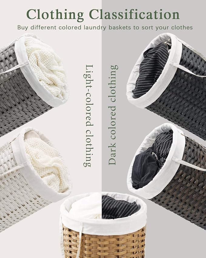 Laundry Basket Round Rattan Laundry Hamper 29.1 Gal (110 L) Handwoven Large Wicker Basket with Handles, Wicker Hamper with Removable Bags and 2 Mesh Bags for Bathroom Living Room White