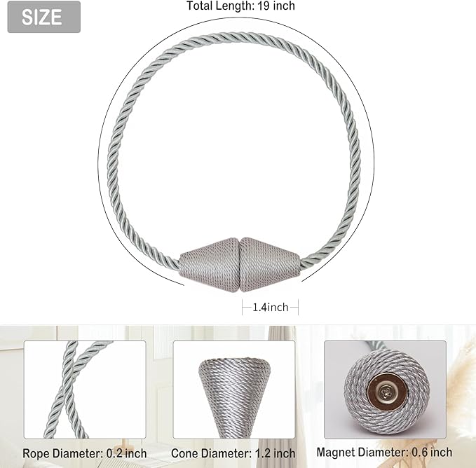 Magnetic Curtain Tiebacks 2 Pack Outdoor Rope Curtain Tie Backs Decorative Window Treatment Holdbacks for Home Decorative Curtain, Grey