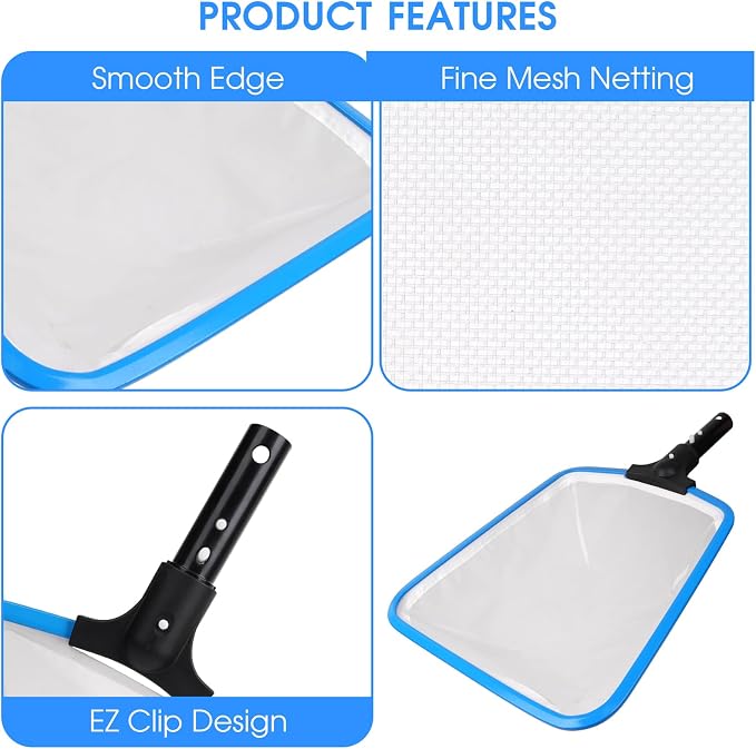 TidyMister 3PCS Pool Cleaning Kit - 12.5'' Pool Brush Round & 11'' Pool Skimmer Net Fine Mesh & 5.7 Feet Thick Aluminum Pole 5-Segment, for Above Ground & Inground Pools Ponds