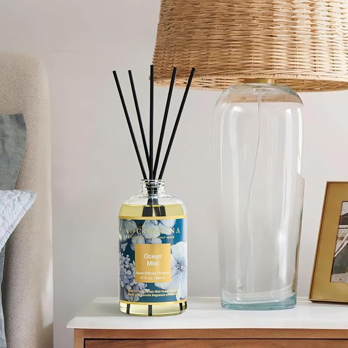 Reed Diffuser Refill Ocean Mist 17oz (500ml) with 8 Sticks - Premium Long-Lasting Scented Oil, Home Fragrance for Bedroom, Bathroom Home Decor
