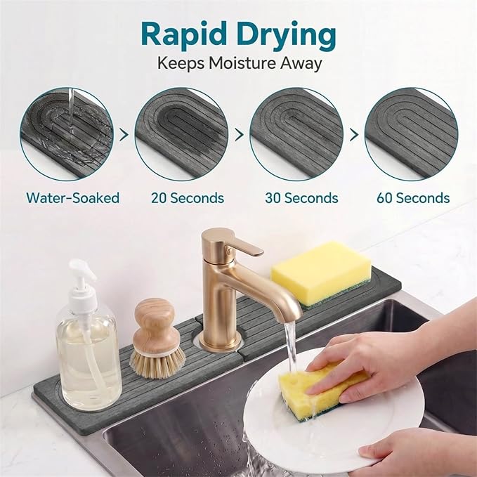 Stone Faucet Mat for Kitchen Sink-Diatomite Drying Stone Mat& Sink Protector,Quick Dry Water Absorbing Stone Tray ,Sink Splash Guard for Kitchen Counter & Bathroom Counter (Dark Grey, 23.6"X3.9")