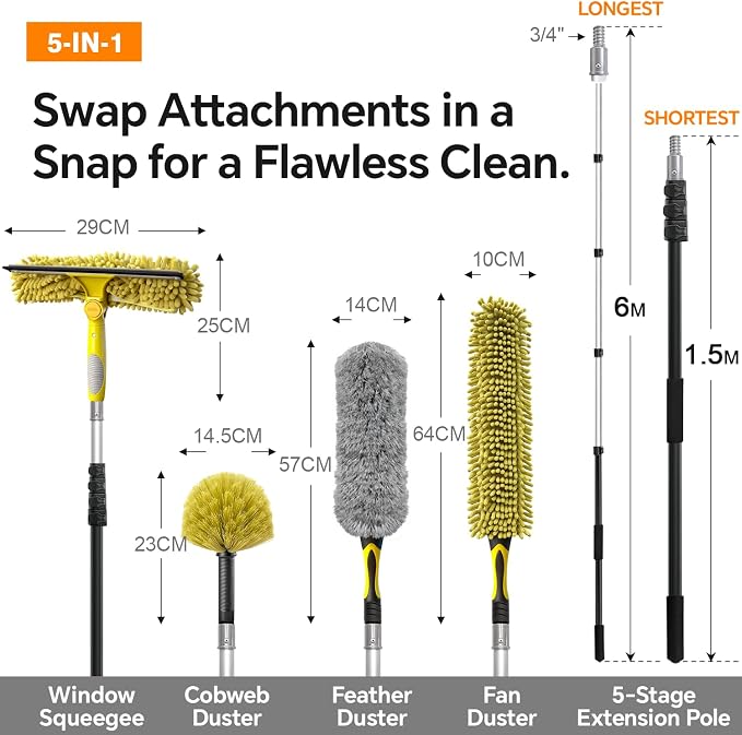 5-in-1 20Ft 4-Stage Telescoping Extension Pole Kit for Cleaning | Feather Dusters with Bristles for Outdoor Indoor, 4-Stage Spider Web Remover with Telescopic Pole for Ceiling Wall Yellow
