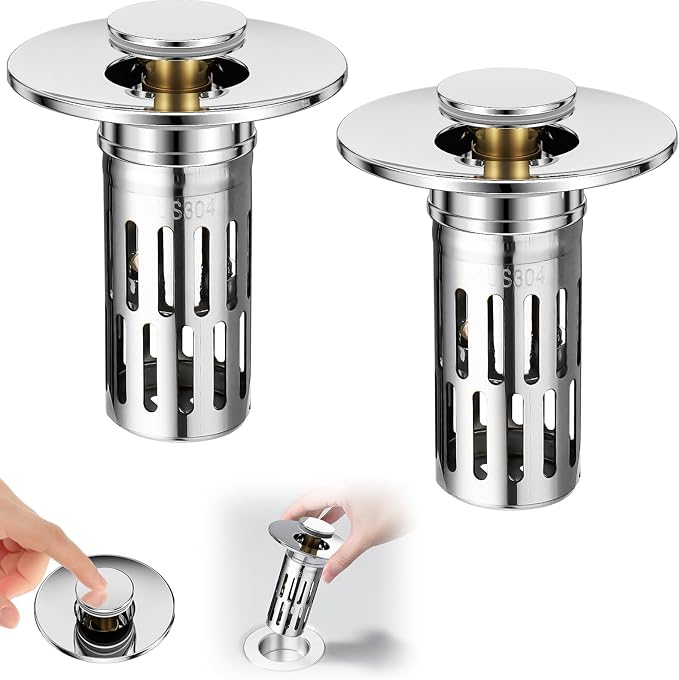 Vodolo 3 in 1 Sink Drain Strainer with Hair Catcher,8PCS Stainless Steel Popup Sink Stopper with Basket for Bathroom Kitchen Shower,Pop-up Bounce Core Floor Basin Drain Filter,Replacement Sink Plug