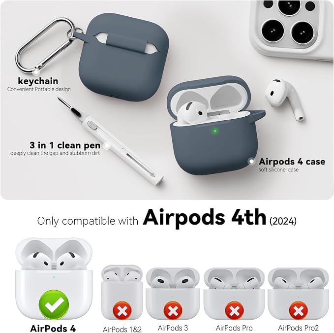 for AirPods 4 Case 2024 with Cleaner Kit & Keychain-Grey | Silicone Protective Cover for Apple AirPods 4th Generation Case,for Women Men,One-Piece Design,Shockproof,Dust Proof