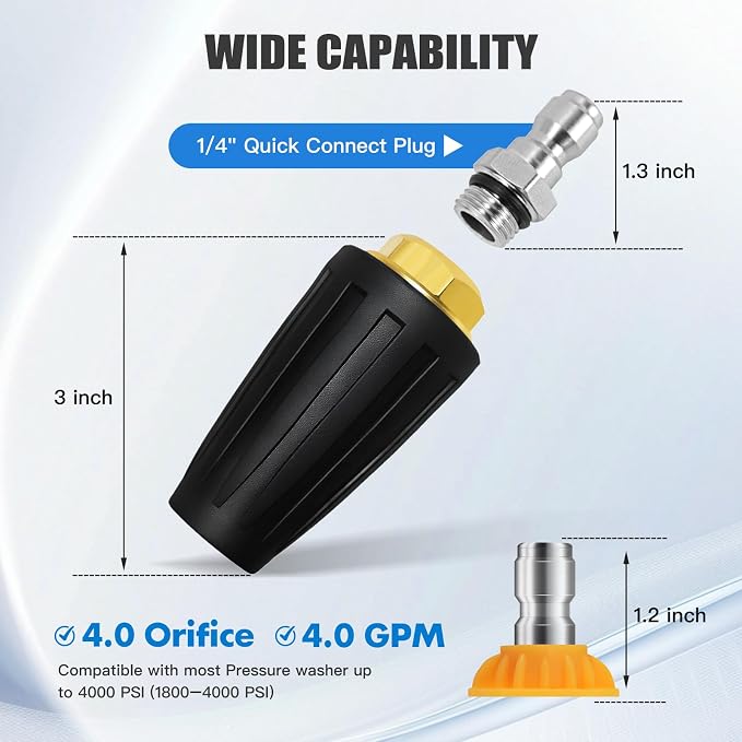 Weslymoo Pressure Washer Spray Nozzle, Power Washer Tips 4000 PSI Max Rotating with 5 Pressure Washer Tips, 1/4" Quick Connect for Cleaning Patio，Brick，Driveway，Vinyl Surface, 4.0 Gpm 4.0 Orifice