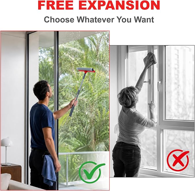 Window Squeegee with 19-37" Long Handle, 2-in-1 Squeegee Cleaner Tool, Retractable Stainless Steel Handle for Car Windshield, Shower Glass, Glass Doors, Outdoor Windows, High Windows