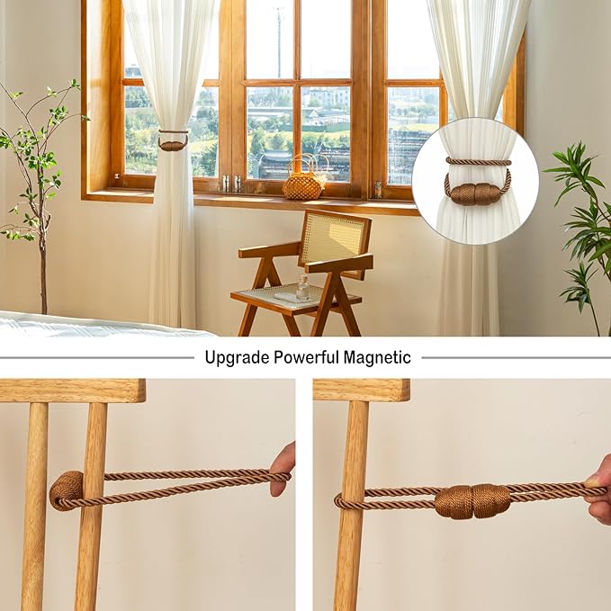 Magnetic Curtain Tiebacks Rope Curtain Tie Backs for Curtains 4 Pack Curtain Holders for Drapes Decorative Window Curtain Holdbacks, Khaki