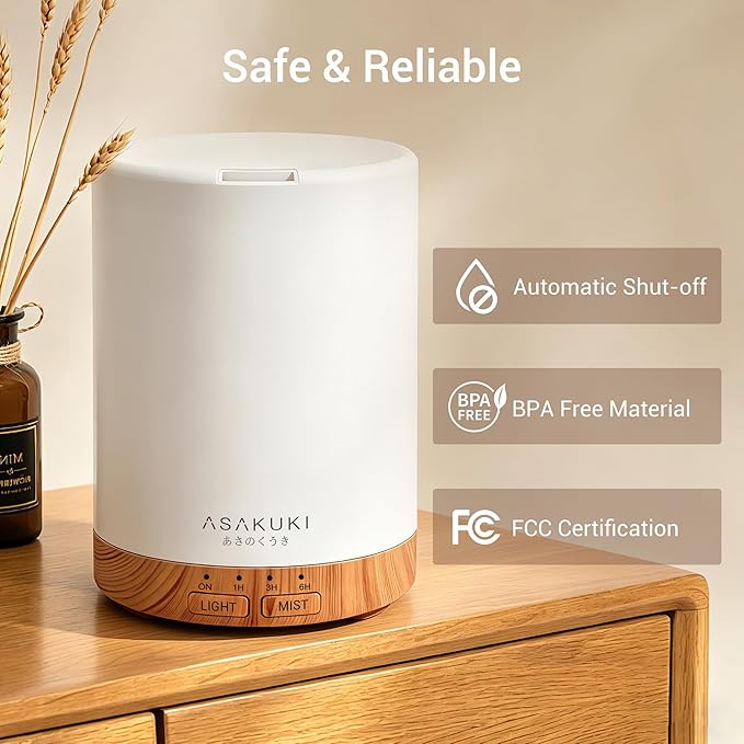 ASAKUKI Essential Oil Diffuser for Home 300 ml Quiet | Automatic Shut-Off, Aromatherapy Diffuser, 7 LED Lights for Living Room, Kitchen, Bedroom, Hotel - Light Brown