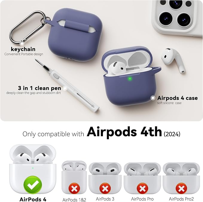 for AirPods 4 Case 2024 with Cleaner Kit & Keychain-Lavender | Silicone Protective Cover for Apple AirPods 4th Generation Case,for Women Men,One-Piece Design,Shockproof,Dust Proof