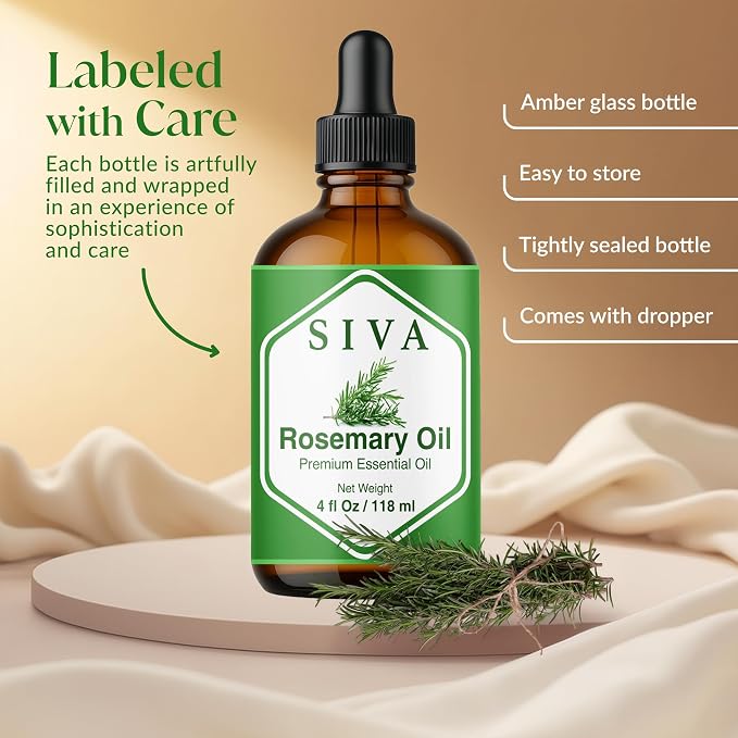 Siva Rosemary Essential Oil, Glass Bottle with Dropper, 4 Fl Oz (118 ml) | Rosemary Oil for Hair Care, Scalp Care, Diffuser, Humidifier, Skin, Body Massage, Soap Making, Candle Making & DIY Projects