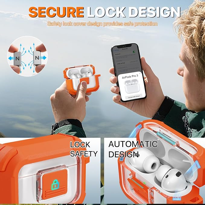 R-FUN for AirPods Pro 3 Case with Lock Magnetic Lid MagSafe, Orange | Compatible Apple AirPods Pro 3, Compatible MagSafe, Protective Case with Cleaner Kit & Carabiner, Powerful Drop Protection