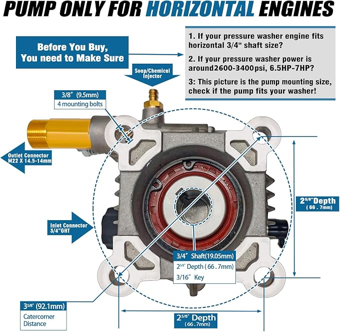3400PSI Horizontal Pressure Washer Pump, 3/4" Shaft Power Washer Pump Replacement Universal Power Washer Pumps for Pressure Washer