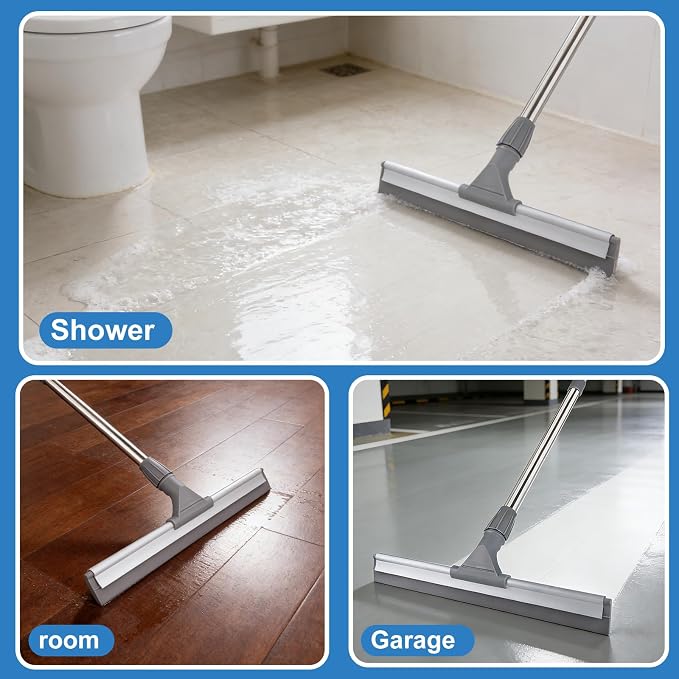 17.3" Floor Squeegee，Squeegee Broom for Floor with 62" Long Handle, Shower Squeegee for Tile Shower Walls,Garage, Deck, Bathroom, Glass,Window, Concrete Floor