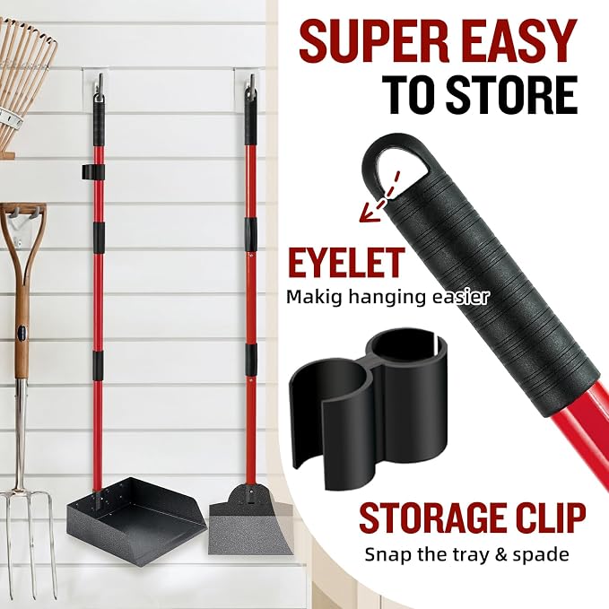 Pooper Scooper for Large Dogs, Adjustable Long Handle Metal Tray and Spade Poop Scooper for Dogs with Bin for Pet Waste Removal, No Bending Clean Up Pooper Scooper for Medium and Large Dogs,Red