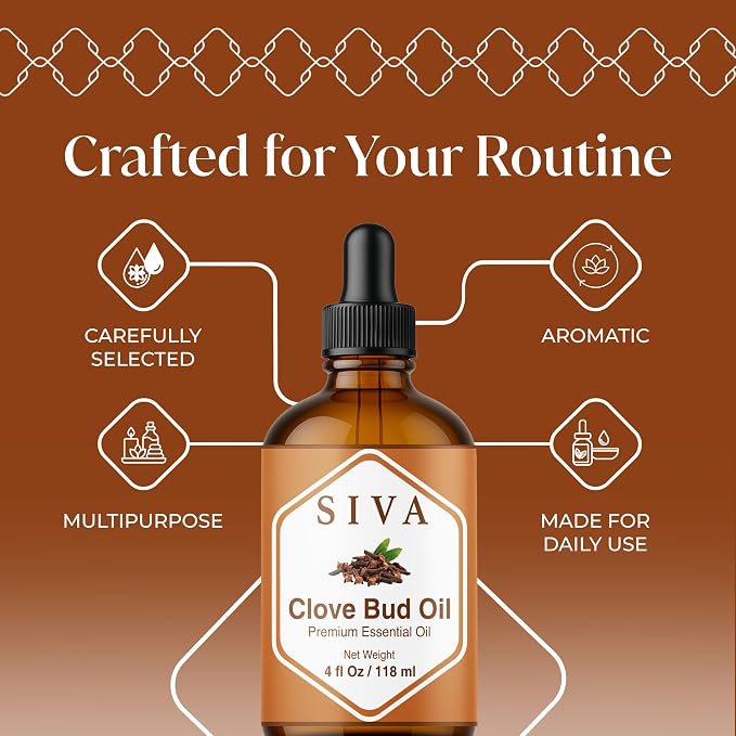 Siva Clove Bud Essential Oil, Glass Bottle with Dropper, 4 Fl Oz (118 ml) | Clove Bud Oil for Diffuser, Humidifier, Home Fragrance, Oral Care, Body Massage, Soap Making, Candle Making & DIY Projects