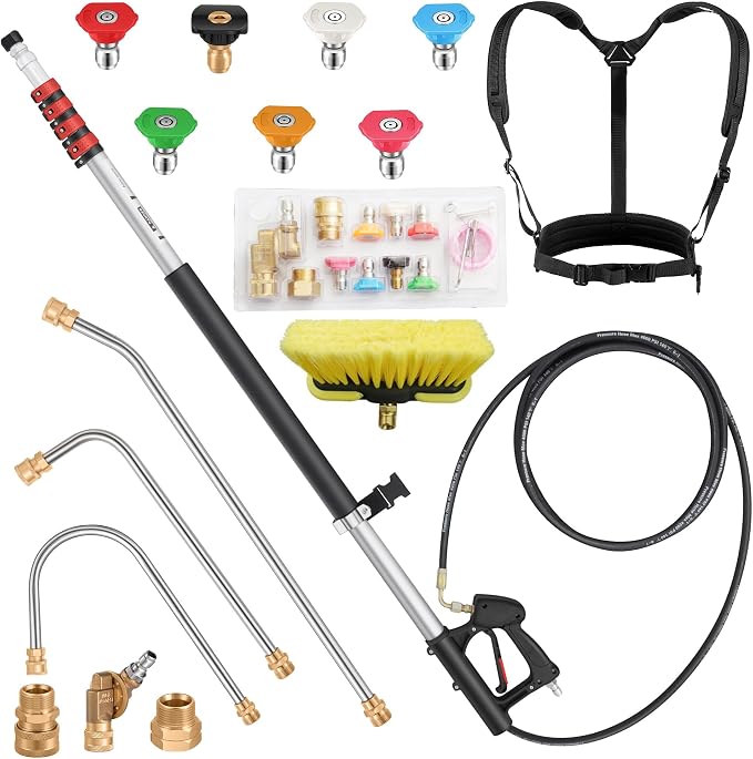 24 FT Gutter Cleaning Tools from The Ground - Telescoping Pressure Washer Wand - Gutter Cleaner Attachment with Power Washer Extension Wands, 7 Spray Nozzle Tips, 3 Hose Adapters and Support Belt