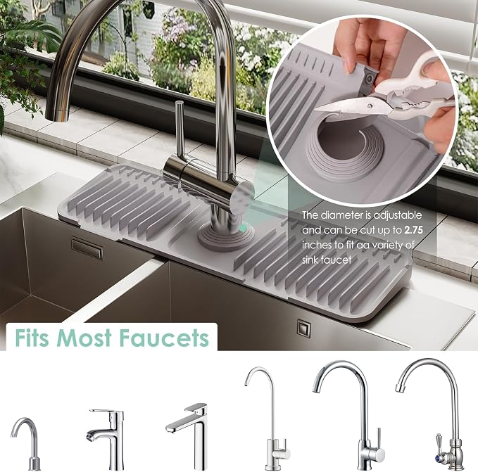 24 Inch Silicone Faucet Mat for Kitchen Sink Splash Guard - 7° Slope Water Draining Mat With Fasten Button for Bathroom Area (Gray, 17.7''x5.5'')