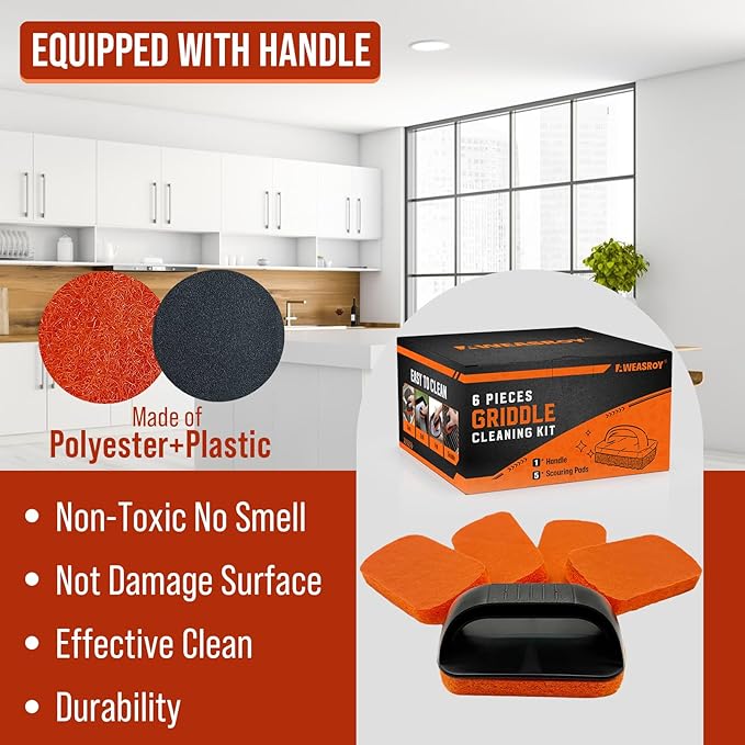 Griddle Cleaning Kit for Blackstone, Non-Scratch Scouring Pads for Kitchen | 5 Scrubber Pads and 1 Handle