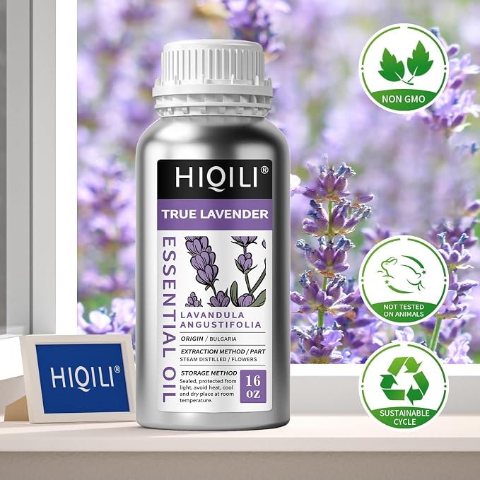 HIQILI Lavender Essential Oil for Aromatherapy, Candle & Soap Making | Large Capacity for Hotels Spas Salons & DIY Studios, Calming Scent, Relaxation & Skin Care - 500mL / 16 fl oz