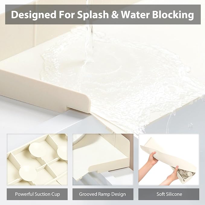 Full-Coverage Sink Splash Guard – 17.7 Inch Extra-High Ramp with Super Strong Suction Cups, Silicone Sink Splash Guard with Front-Edge Storage for Kitchen (White, 17.7''x4.7''x2.8')