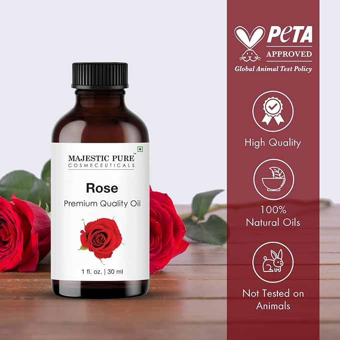 Majestic Pure Essential Oil with Glass Dropper - 100% Pure and Natural - Essential Oils for Diffuser, Aromatherapy, Soap and Candle Making, Rose Essential Oil, Rose Oil, 1 Fl Oz