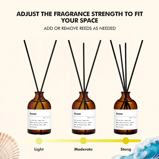 Reed Diffuser Set, Ocean Scent, 3.4 fl oz, Home Fragrance Reed Diffuser for Bathroom & Bedroom Decor