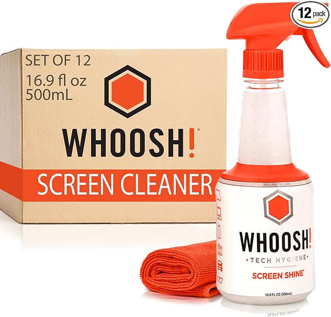 WHOOSH Screen Shine Pro Refillable Cleaning Kit, Set of 12, 16.9 fl oz | Streak Free Finish, Non Toxic and Odorless, For Flat Screens, OLED, LCD and Monitors, Microfiber Cloth Included