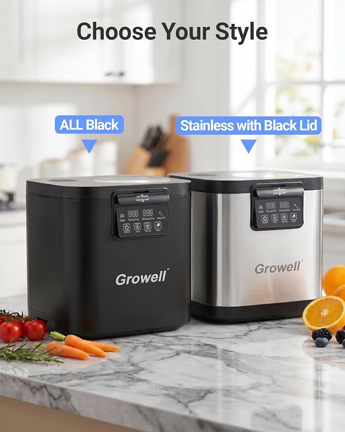 Growell 4L Electric Composter for Kitchen, Countertop, Indoor Compost Bin | Dual Carbon Filter, LED Touch Panel, Auto-Clean, Long-Life Brushless Motor, <40dB, Visible Window, Food Wast Recycler, Silver