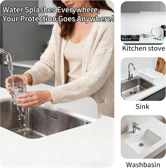 19.2inch(49cm) Silicone Sink Splash Guard, Sink Splash Guard with Suction Cup,Kitchen Sink Water Splash Guard, Kitchen Sink Splash Guard that Can Be Placed Behind (2, White)