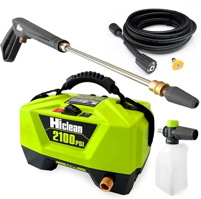 Hiclean Electric Pressure Washer 2100 PSI | Portable Power Washer, Car Detailing, Patios, Fences & Outdoor Cleaning, Compact Design, Foam Cannon, Turbo & Fan Nozzles