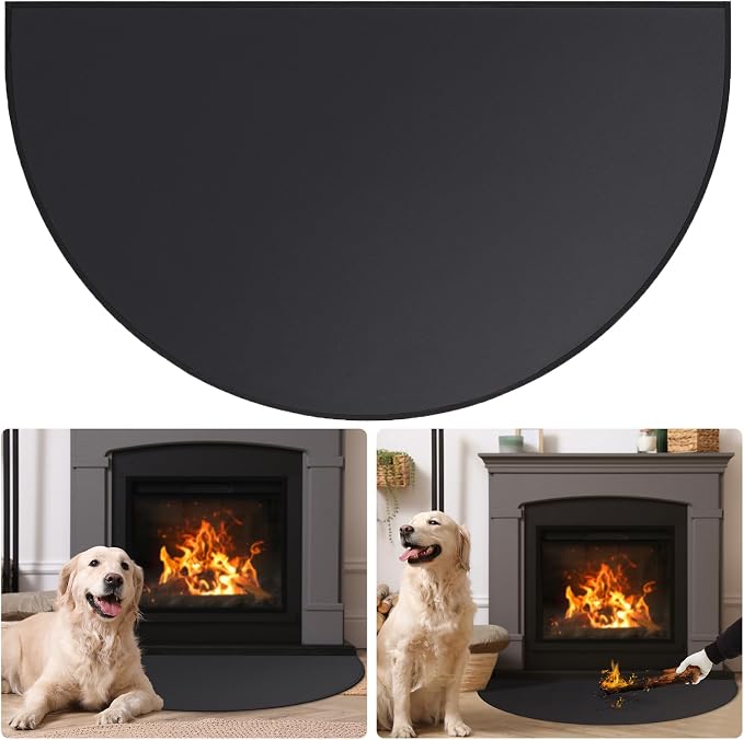 FLASLD Fireproof Fireplace Mat & Hearth Rug 24×42Inch Half Round Hearth Stove Rug Protects Floors, Decks and Patios from Sparks Embers, Black