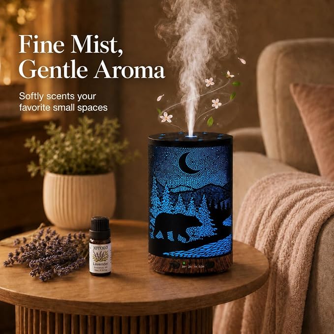 Essential Oil Diffuser 120ML Metal Aromatherapy Diffuser with Timer, Cool Mist Humidifier with Auto Shut-Off & 7 Color Lights for Home Office Spa(Wild Bear)