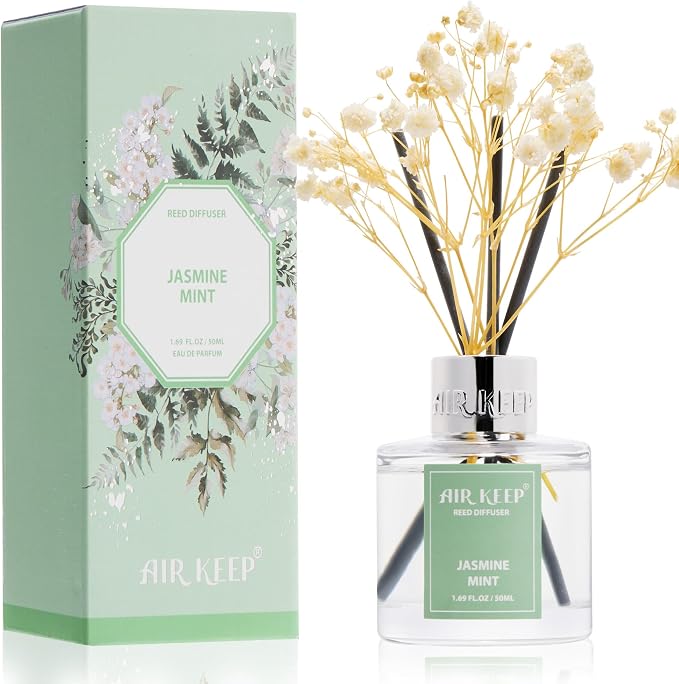Reed Diffuser Set,1.69 fl oz (50 ml) - Jasmine Mint Oil Diffusers with 8 Reed Sticks,Home Fragrance Reed Diffuser for Bathroom Shelf Decor
