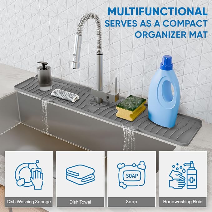 24 Inch Longer Faucet Mat for Kitchen Sink, Silicone Sink Faucet Mat Splash Guard 5° Slope Premium Kitchen Sink Splash Faucet Guard, Fast Self-Draining Mat (Grey)