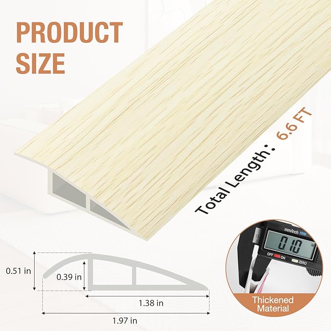 Floor Transition Strip Self Adhesive Vinyl Door Threshold for Doorways Carpet Edging Trim Overlap Edge Reducer for Laminate Floor, Carpet, Tile (Beige Wood Grain, 1/5" to 2/5", 6.6Ft)