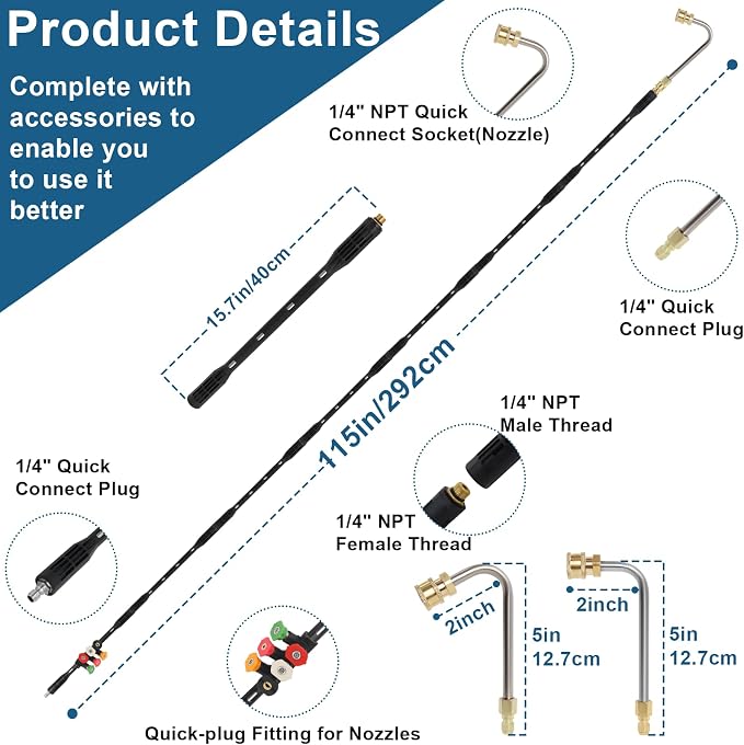 Upgraded Pressure Washer Extension Wand with 6 Tips,Up to 115in | 4000 PSI Gutter Cleaner Attachment ,1/4"Quick Connect, Leak-Resistant Ring