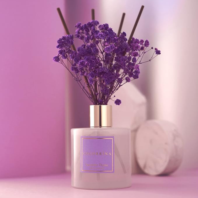 Premium Reed Diffuser Set with Preserved Baby's Breath & Cotton Stick Lavender Thyme | 6.76 Fl.oz Scent Diffuser for Bedroom Bathroom Home Décor