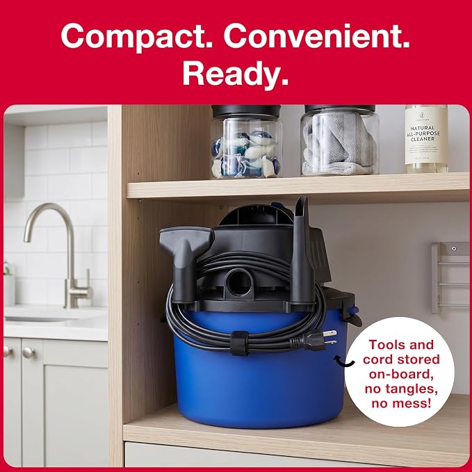 Koblenz WD-2L Wet Dry Vacuum Cleaner, Home Car Garage Workshop, 2.0 PHP | 60 CFM, 10 Ft Reach, Twist-N-Lock Hose, Small Shop Vac, Portable Shop Vac for Home Car Garage Workshop, Accessories Included