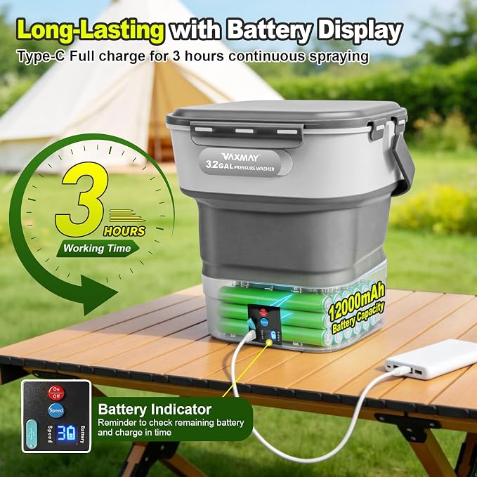 VAXMAY Portable Cordless Pressure Washer with 3.2 Gal Tank, Foldable Power Washer with 250PSI, 1.35GPM, 5 in 1 Nozzle, 3 Modes, 3H Runtime,16.4FT Hose, Portable Spray Washer for Car, Camping, Garden
